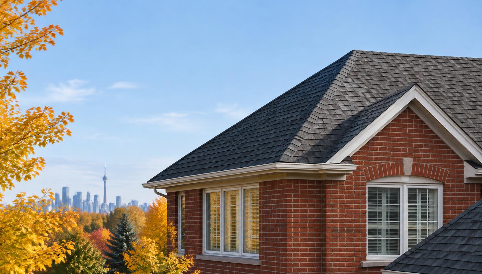 Illustrative Toronto brick home with asphalt shingles and autumn trees